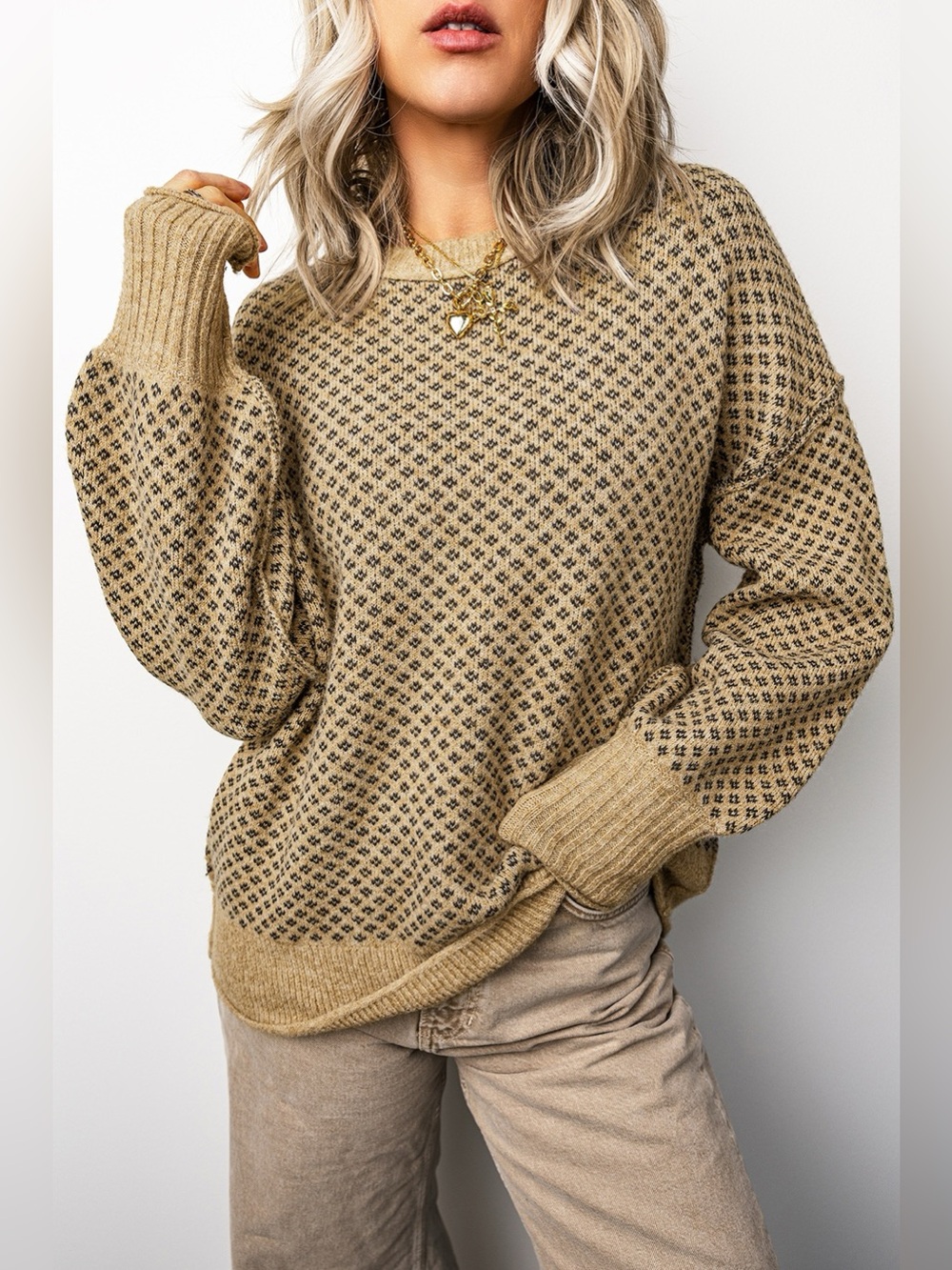 Geometric Print Drop Shoulder Round Neck Long Sleeve Sweater
